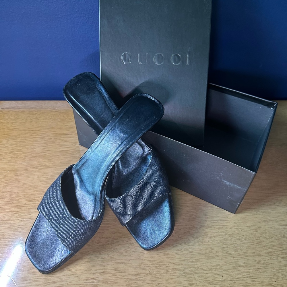 Gucci Women's Denim Black Kitten Heeled Mules